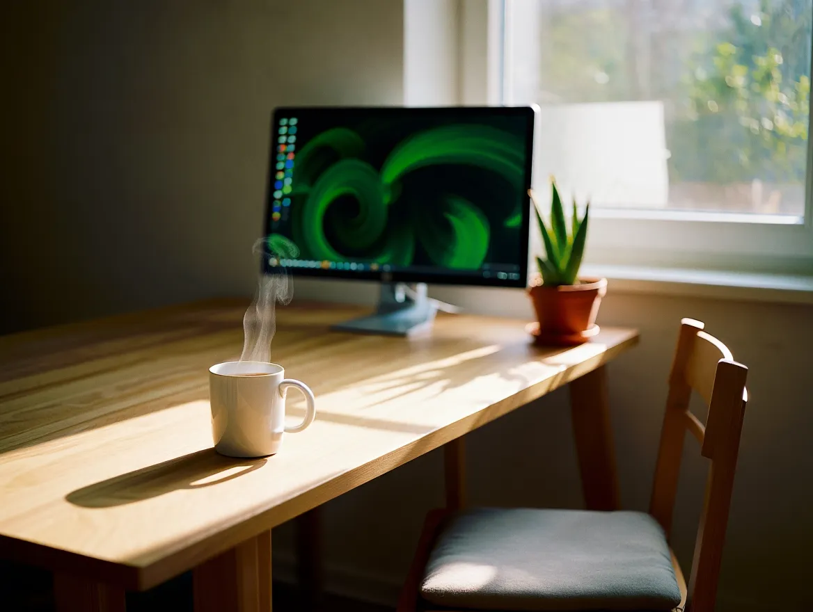 A calm workspace with soft natural light creating a peaceful atmosphere for post-work transition